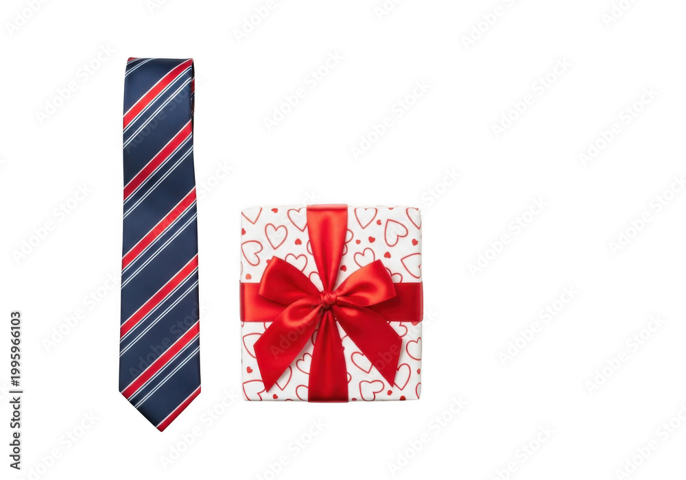 Fototapeta premium Striped necktie and gift box with red ribbon isolated on transparent background