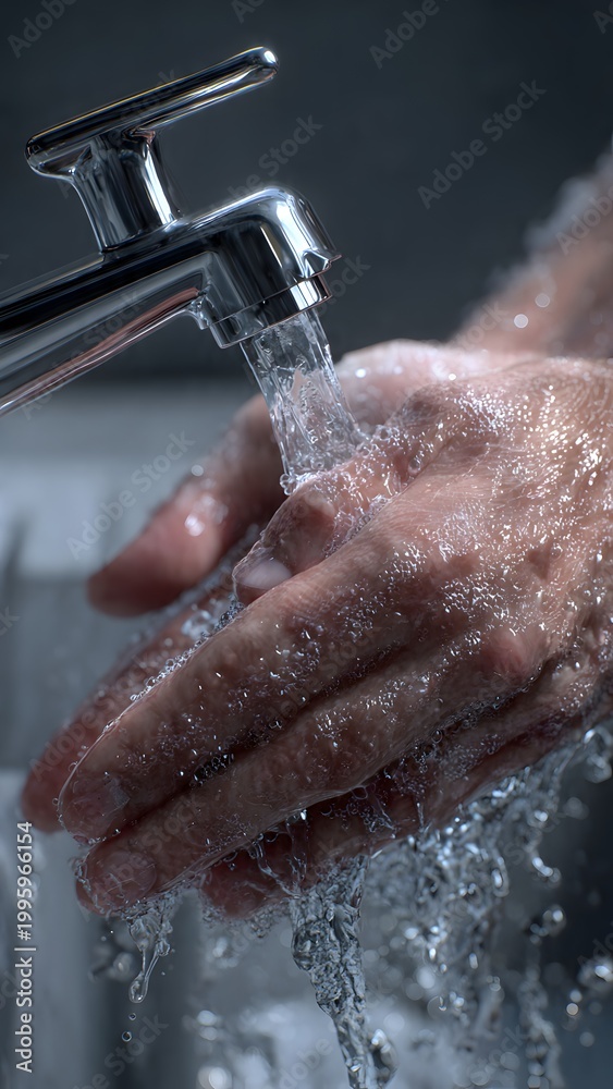 Fototapeta premium Detailed close‑up of hands being washed with soap under a chrome faucet in a clean, minimalist bathroom