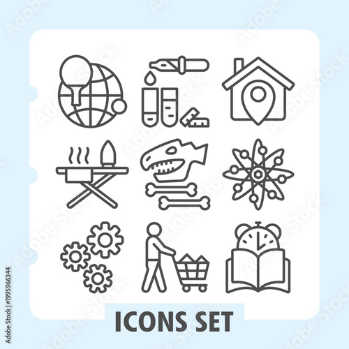 Set of nine vector line icons representing travel, shopping, education, home and nature concepts on white background. Ideal for web, digital projects and print media.