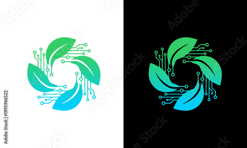 A futuristic logo design featuring leaves and circuit board elements on a white and black background