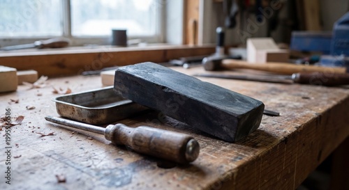 Sharpening stone and hand tool on wooden workbench