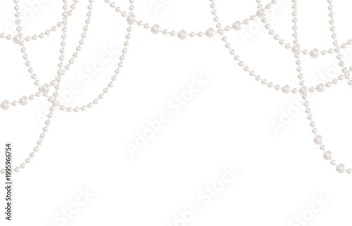 Pearl necklaces hang in multiple strands across the frame. Designed for postcards, booklets, and jewelry ads. Vector illustration