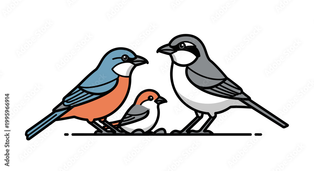 Obraz premium Three Colorful Birds Perched Together in a Simple Illustration.