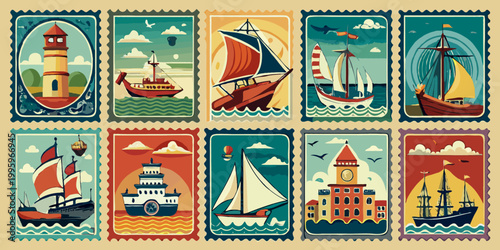 Maritime adventure postage collection with tall ships and lighthouse in antique engraving style
