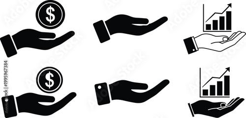 Financial growth and investment silhouette icons hands coins and charts
