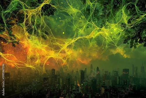 Energy Lines Weave an Enchanting Tapestry Over the Vibrant City Skyline at Dusk Generative AI