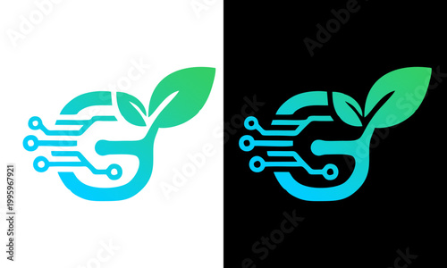 A futuristic logo featuring a leaf and circuit board elements side by side on black and white backgrounds.