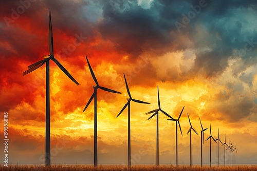 Wind Turbines Dance in the Sky at Sunset, a Symbol of Energy and Freedom Generative AI