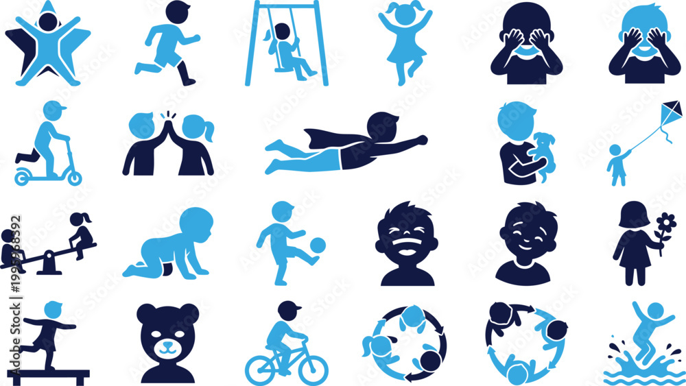 Fototapeta premium Collection of playful icons representing children activities sports and childhood fun.