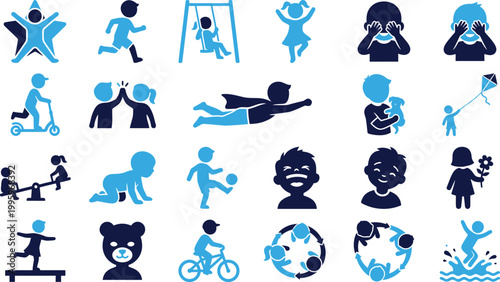 Collection of playful icons representing children activities sports and childhood fun.