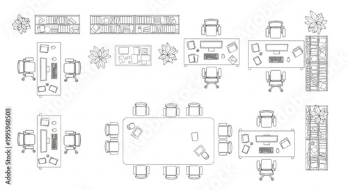 Top View Office Furniture Set CAD Draft, 2D Architectural Floor Plan Technical Line Drawing with Desks, Chairs, Meeting Tables, Computers and Shelving Units