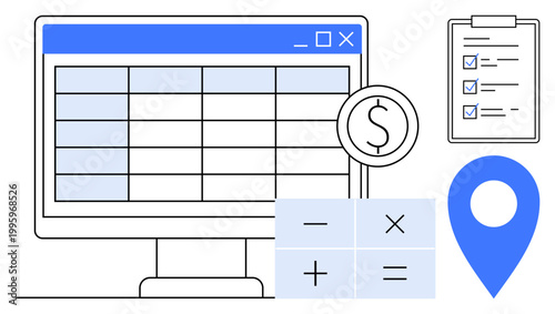Financial planning, budgeting, data analysis, accounting, project management, location tracking. Computer screen with spreadsheet, dollar sign calculator checklist location icon. Financial