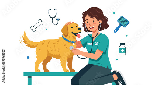 Woman Examines Golden Retriever.