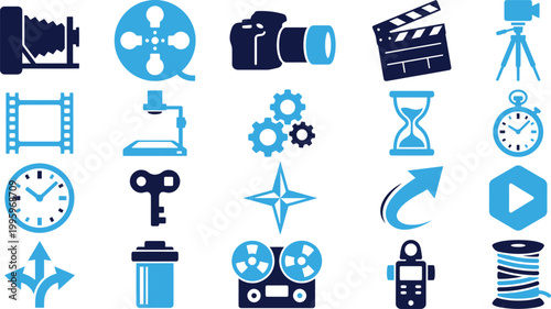 Collection of diverse objects and symbols representing technology photography film and time.