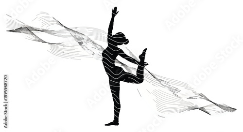 Graceful dancer silhouette in dynamic pose with flowing abstract lines