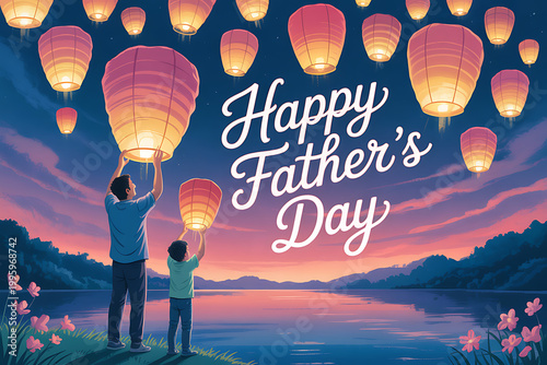 A heartwarming scene of a father and son releasing lanterns on transparent background