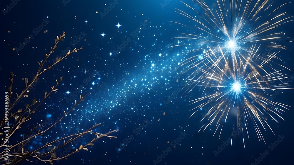 Fototapeta premium Night scene shows bright fireworks bursting alongside a delicate tree, with shimmering stars streaking across a deep blue backdrop