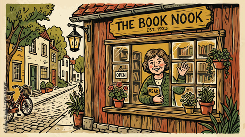 Woman in Bookstore Window Display.