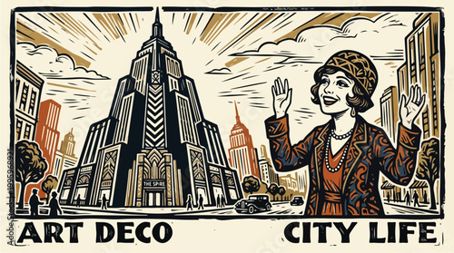 Woman in Art Deco City.