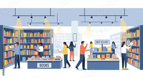 Photos A brightly lit bookstore interior shows people browsing shelves and tables fille