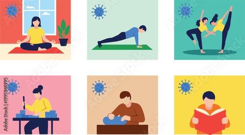 Stay Home Activities Set with Yoga Exercise Reading Sewing and Meditation Coronavirus Lifestyle Flat Vector Illustration Collection