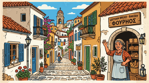 Woman standing in bakery doorway.