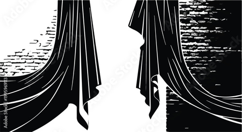 Dramatic black curtains opening to reveal a bright, textured background