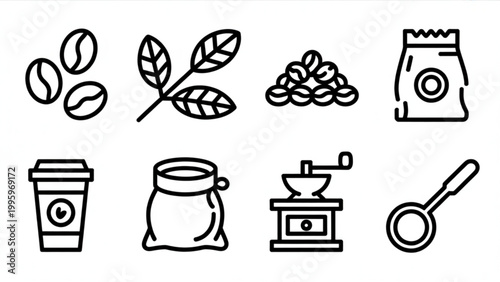Coffee Bean and Roasted Package Line Icon Set  Organic Coffee Plant and Packaging Outline Collection