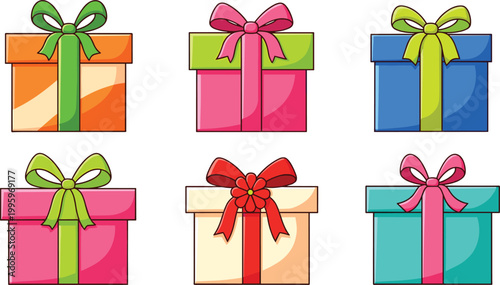 Gift Box Collection with Colorful Presents Ribbon Bows Holiday Packaging Celebration Elements Flat Vector Illustration Set