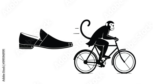 Humorous illustration of a monkey riding a bicycle chasing a stylish shoe