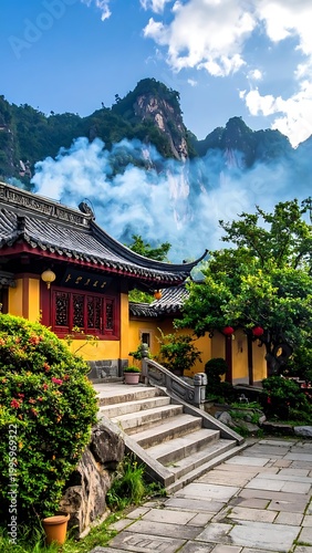 Asian temple with mountain background clouds.