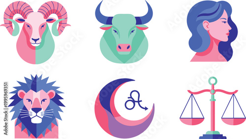 Zodiac Signs Icons Set with Aries Taurus Gemini Cancer Leo Libra Horoscope Symbols Flat Vector Illustration Collection