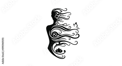 Abstract silhouette of a woman with flowing hair, floral elements, and a butterfly symbolizes transformation and beauty.