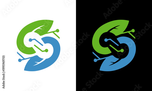 A stylized logo featuring intertwined arrows and leaves on white and black backgrounds