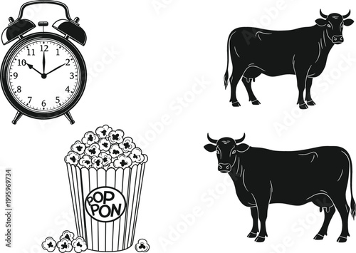 Set of silhouette objects including alarm clock popcorn bucket and bulls black vintage style vector illustration isolated on light background