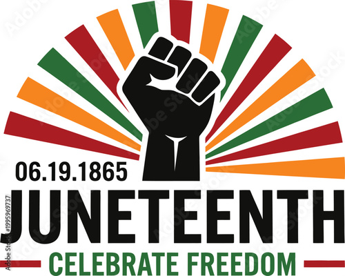 Juneteenth celebrate freedom graphic with raised fist and colorful rays on white background