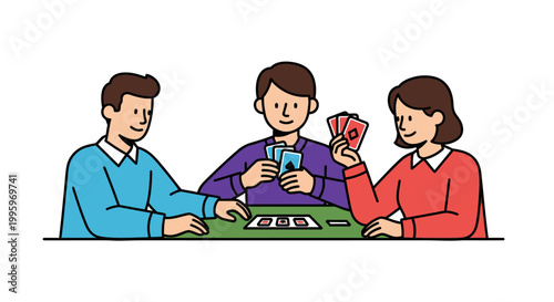 Three friends enjoy playing cards together at a table, smiling.