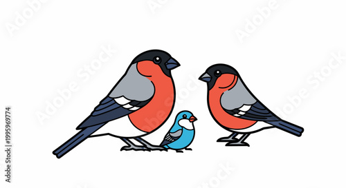 Three Colorful Birds Standing Together in a Simple Illustration.