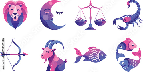 Zodiac Signs Symbols Collection with Libra Scorpio Pisces Capricorn Leo Sagittarius and Astrology Icons Gradient Flat Vector Illustration Set