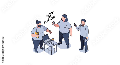 Three Diverse Individuals Collaborating on a Project with Purpose and Peace.