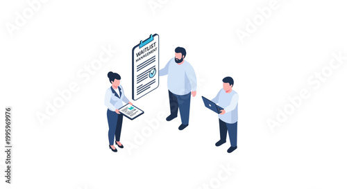 Three diverse individuals reviewing a checklist for project success.