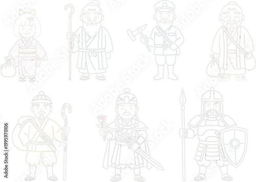 Japanese Historical Character Set with Samurai, Warrior, Geisha, and Ancient Figure Costumes for Cultural and Heritage Theme Designs