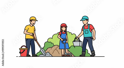 Three diverse people working together in a garden with tools.