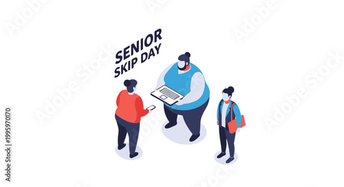 Three diverse students gather around a laptop computer on Senior Skip Day.