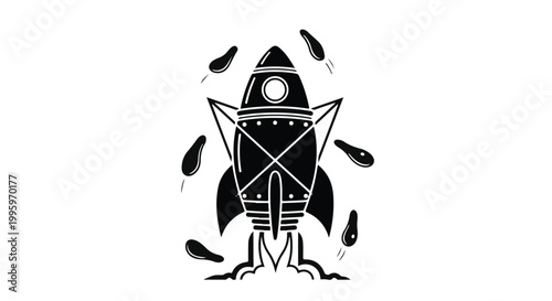 Retro rocket ship blasting off with fiery exhaust, symbolizing adventure and exploration.