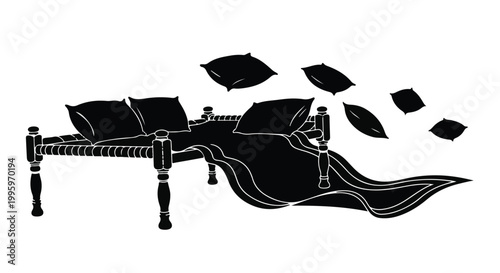 Pillows fly off a bed in a surreal, dreamlike scene