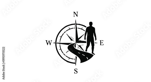 Person stands at crossroads on a winding road with a compass, symbolizing choices and direction.
