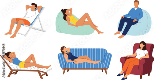 People Relaxing at Home Set with Men and Women Lying on Sofa Armchair Beanbag and Sun Lounger Leisure Lifestyle Flat Vector Illustration Collection
