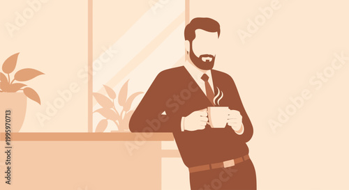 Bearded man in suit holding coffee cup in office
