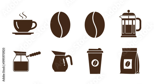Brown coffee icons on white background.